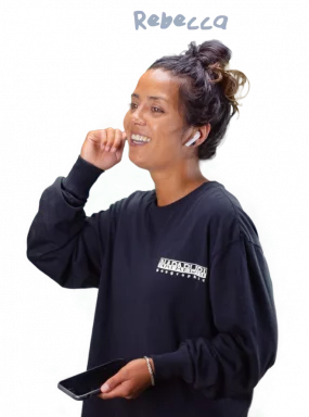 Rebecca on the phone and smiling